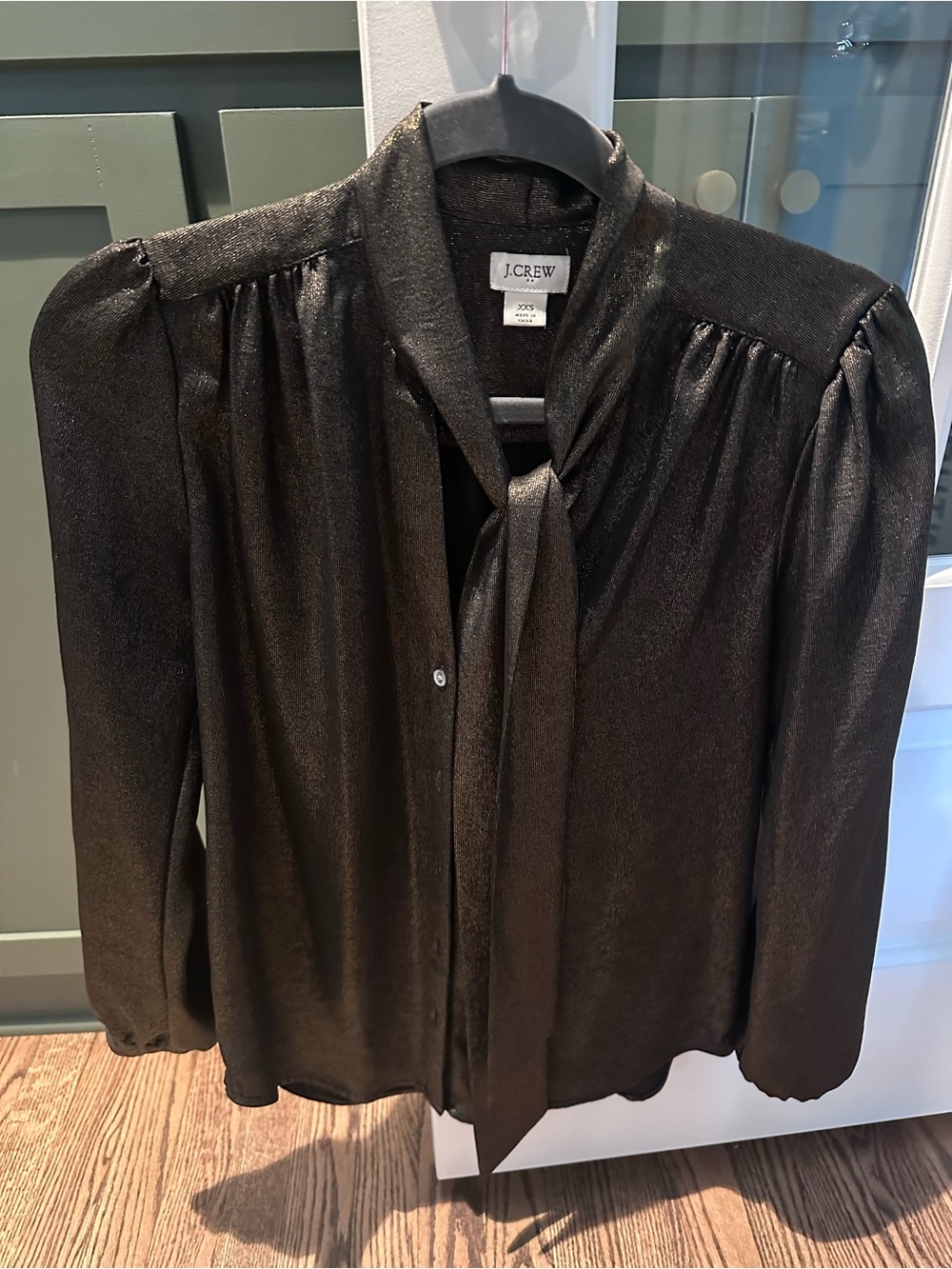 J. Crew Metallic Black Tie-Neck Blouse